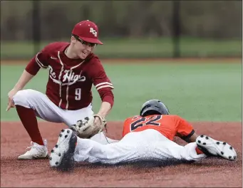  ?? PHOTO BY PAUL CONNORS — MEDIA NEWS GROUP/BOSTON HERALD ?? BC High second baseman Wyatt Miller, left, cannot apply the tag before Taunton runner Cam Dorr steals second safely. BC High won the game, 8-1.