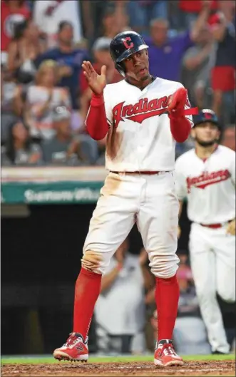  ?? TIM PHILLIS — THE NEWS-HERALD ?? Francisco Lindor celebrates during the Indians’ victory over the Angels on Aug. 4.