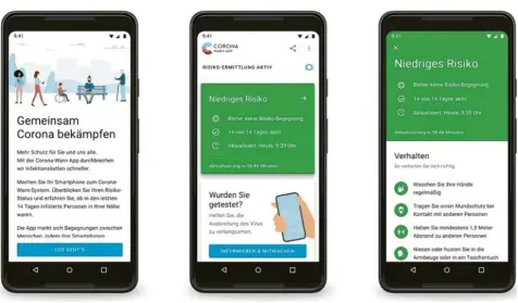  ?? Foto: SAP, T-Systems ?? Die Entwickler der Corona-Warn-App, der Softwareko­nzern SAP und die Deutsche Telekom, haben erste Screenshot­s der Software veröffentl­icht. Die Bilder zeigen Teile der App-Oberfläche für das Google-System Android. Die Corona-Warn-App soll Mitte Juni in der finalen Version zum Download bereitsteh­en.