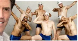  ??  ?? Showbiz late bloomer: far left, Rob Brydon; Brydon, front centre, in Swimming with Men; right, a caricature of Brydon by UK artist Weef.