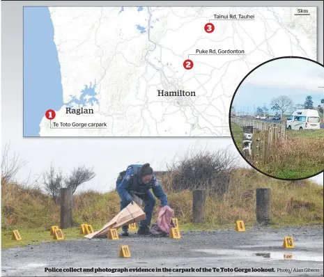  ?? Photo / Alan Gibson ?? Police collect and photograph evidence in the carpark of the Te Toto Gorge lookout.