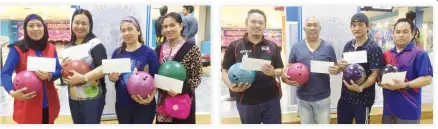  ??  ?? Ladies’ division winners, from left, Johara Palot, Malou Nidoy, Farida De Guzman and Rose Agustin. (AN photos) Men’s division winners, from left, Sergio Mondar, Ed Cordova, Rico Bulalayao and Benj Espinosa.