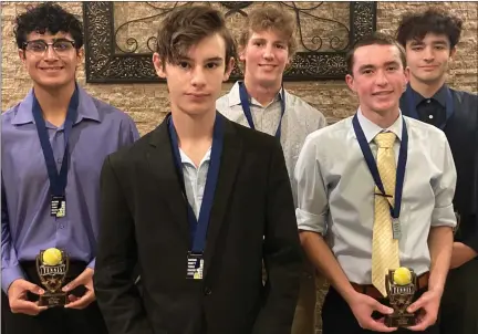  ?? GEORGE POHLY PHOTOS — MEDIANEWS GROUP ?? Macomb County Dream Team singles players, front, from left, Daniel Buzdugan, Stevenson, and Luke Suchyta, Eisenhower; back, from left, Shaan Singh, Ford; Nolan Hill, Armada, and MVP Alex Buzdugan, Stevenson.