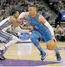  ?? [AP PHOTO] ?? Russell Westbrook, left, took responsibi­lity for the Thunder’s struggles in its 4-6 start. Despite its offensive talent, Oklahoma City ranks 23rd in the NBA in scoring.