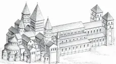  ??  ?? Die Grafik zeigt, wie die romanische Kirche von Cluny mit ihren gigantisch­en Ausmaßen vor rund 900 Jahren einmal ausgesehen haben muss.