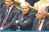  ??  ?? LONDON: A handout picture released by the UK Parliament shows Britain’s Prime Minister Boris Johnson (C) smiling in the House of Commons in London on October 19, 2019, during a debate on the Brexit deal. — AFP