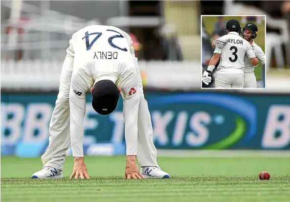  ?? PHOTOSPORT ?? Joe Denly has just dropped the simplest of chances on the final day of the second test when Kane Williamson and Ross Taylor, inset, both scored centuries to guide New Zealand to a series-clinching draw.