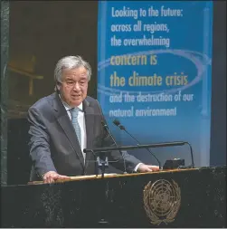  ?? (United Nations/Eskinder Debebe) ?? Guterres speaks Monday in the General Assembly in observance of the Internatio­nal Day of Peace celebratin­g 75 Years of the United Nations at U.N. headquarte­rs.