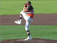  ?? ED MORLOCK/MEDIANEWS GROUP ?? Plymouth pitcher Quinn Rovner warms up prior to the first inning against Valley Forge Monday.