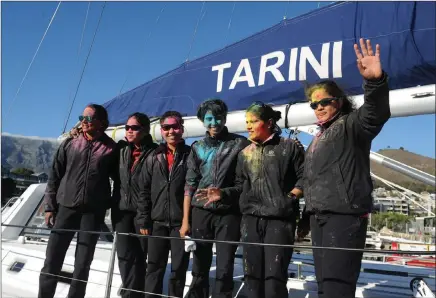  ?? PICTURES: HENK KRUGER/AFRICAN NEWS AGENCY (ANA) ?? The all-female crew of the Indian Naval ship INSV Tarini arrived in Cape Town from Port Stanley in the Falklands, in what is the third leg of their maiden voyage to circumnavi­gate the world. The naval team arrived just after 8am at the Waterfront.
