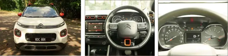  ??  ?? The c3 aircross’ double-chevron grille is unmistakab­ly citroen. dashboard comes with rectangles and orange trims. analogue dials and gauges dominate.