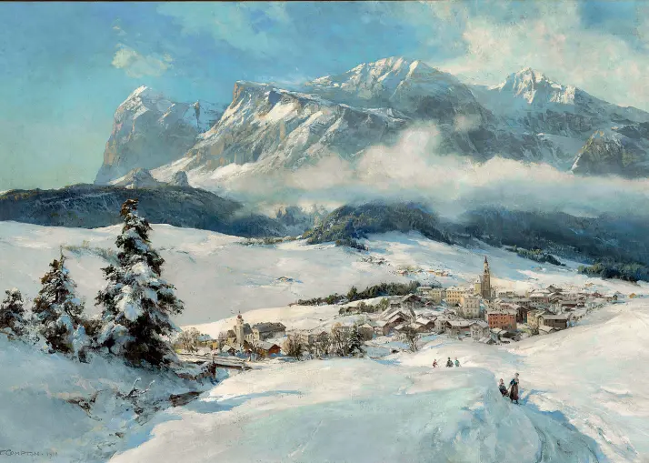  ??  ?? Inverno Edward Theodore Compton, «Cortina sotto la neve» (1918) Treviso, Collezione privata, Courtesy Galleria Nuova Arcadia di L. Franchi