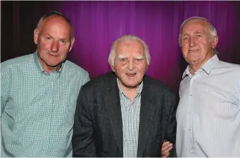  ??  ?? John Murphy, Sean Cliford, Newmarket with P. J. O’Sullivan at the opening night of Seisiún at Freemount Heirtage Centre.