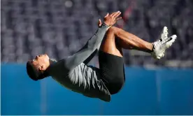  ?? Matthew Childs/Action Images/Reuters ?? Marcel Dabo of Stuttgart Surge displays his athleticis­m at the NFL combine. Photograph: