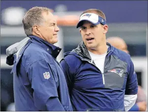  ?? AP PHOTO ?? In this file photo from 2016 New England Patriots head coach Bill Belichick, left, and offensive coordinato­r Josh McDaniels talk before an NFL football game against the Buffalo Bills in Foxborough, Mass.