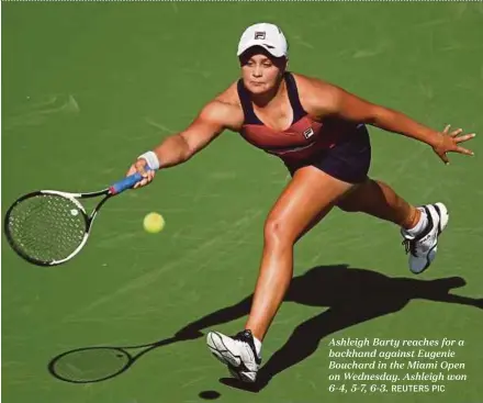  ?? REUTERS PIC ?? Ashleigh Barty reaches for a backhand against Eugenie Bouchard in the Miami Open on Wednesday. Ashleigh won 6-4, 5-7, 6-3.