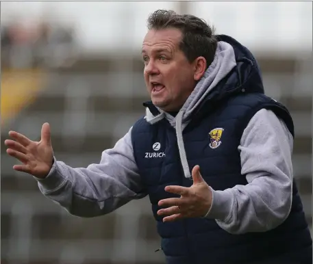  ??  ?? Davy Fitzgerald urging on the Wexford team during Sunday’s Allianz League defeat at home to Clare.