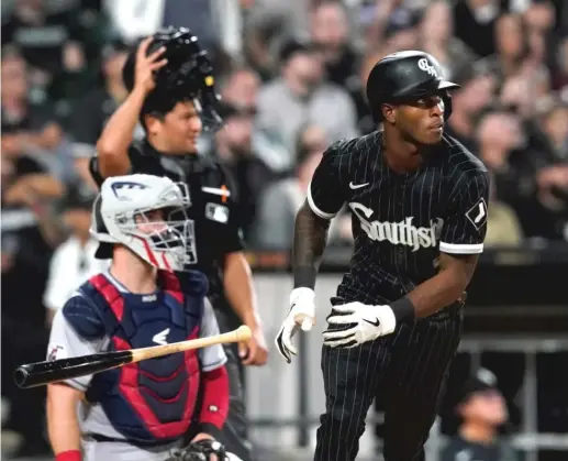  ?? AP ?? White Sox shortstop Tim Anderson watches his RBI double in the seventh inning Monday at Guaranteed Rate Field. The hit gave the Sox a 5-1 lead.