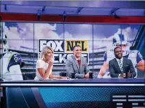 ?? LILY HERNANDEZ — FOX NFL KICKOFF VIA AP ?? Charissa Thompson, left, Tony Gonzalez, center, and Michael Vick discuss NFL topics on the set of Fox NFL Kickoff during a 2019 show. The pregame show, like those on other networks, have had their challenges this year due to the coronaviru­s pandemic.