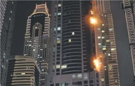  ?? Karim Sahib, AFP ?? Fire breaks out at the 1,100-foot-tall Torch Tower on Friday in Dubai. At the fire’s peak, more than 40 floors of the 86-story skyscraper were burning on one side of the building.