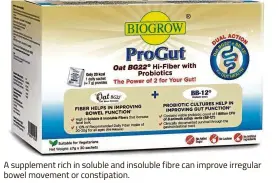  ??  ?? A supplement rich in soluble and insoluble fibre can improve irregular bowel movement or constipati­on.