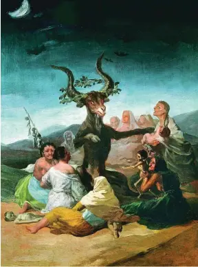  ??  ?? En la pintura «El aquelarre» (1798) de Goya, el demonio preside el centro del ritual