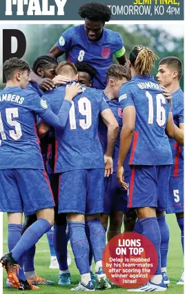  ?? ?? LIONS ON TOP Delap is mobbed by his team-mates after scoring the winner against Israel