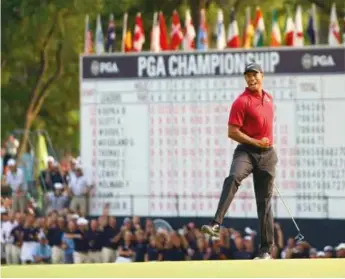  ??  ?? Woods [left] holes out for 64 in the final round of the 2018 PGA Championsh­ip; Francesco Molinari [top right] kisses the Claret Jug at Carnoustie; Justin Rose [right] celebrates victory in the 2019 Farmers Insurance Open in January