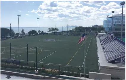  ??  ?? Pat Fitzgerald has a great view ( above) from his new office, which will be located in the Ryan Fieldhouse ( below). | MADELINE KENNEY/ SUN- TIMES