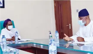  ??  ?? Minister of Finance, Budget and National Planning, Zainab Ahmed (right) and the Chairman, National Hajji Commission, Alhaji Zikrullah Kunle Hassan, during his visit to the Minister at her office in Abuja recently