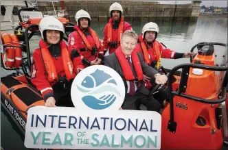  ??  ?? Minister Sean Canney takes a trip aboard the new RIB in Greystones alongside fisheries inspector Josie Mahon, assistant fisheries inspector Maurice Carolan and fisheries inspectors Frances Carolan and Ronan O’Brien.