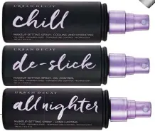  ??  ?? Chill Makeup Setting Spray, $48. Helps cool the surface of the skin for makeup that reportedly lasts up to 12 hours without smudging or caking. All Nighter Makeup Setting Spray, $48. Keeps makeup fresh for up to 16 hours and leaves no sticky after-feel.