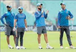  ??  ?? (From left) Dinesh Karthik, Kedar Jadhav, India captain Virat Kohli and Shikhar Dhawan during a training session on the eve of their match against Sri Lanka at The Oval on Wednesday.