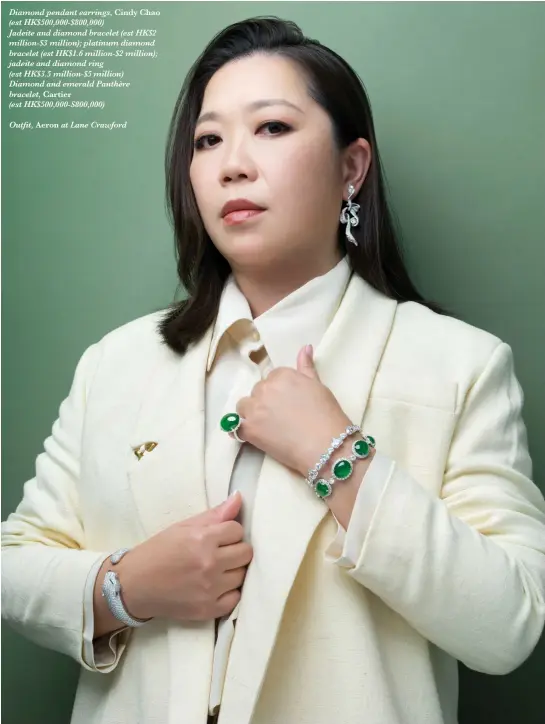  ?? ?? Diamond pendant earrings, Cindy Chao (est HK$500,000-$800,000)
Jadeite and diamond bracelet (est HK$2 million-$3 million); platinum diamond bracelet (est HK$1.6 million-$2 million); jadeite and diamond ring
(est HK$3.5 million-$5 million)
Diamond and emerald Panthère bracelet, Cartier
(est HK$500,000-S800,000)
Outfit, Aeron at Lane Crawford