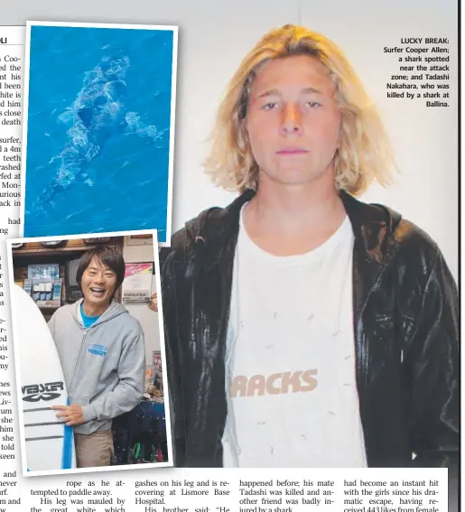  ??  ?? LUCKY BREAK: Surfer Cooper Allen; a shark spotted near the attack zone; and Tadashi Nakahara, who was killed by a shark at Ballina.