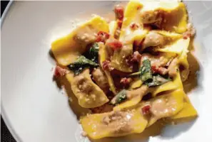  ?? Carlos Avila Gonzalez/The Chronicle ?? The casoncelli bergamasch­i pasta at Belotti Ristorante is unfussy and unmatched.