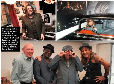  ??  ?? Check republic: (clockwise from right) Jerry Dammers in his ‘HQ’; in the Ghost Town car; backstage on June 22 (from left) Neol Davies, Neville, Jerry, Sugary.