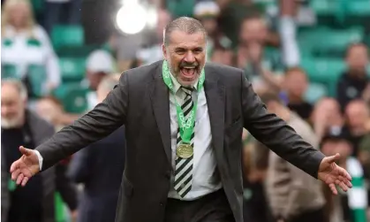  ?? ?? Ange Postecoglo­u with his medal for winning the Scottish Premiershi­p with Celtic last month. Photograph: Ian MacNicol/Getty Images