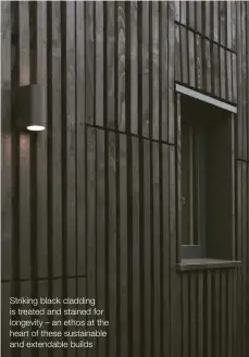  ??  ?? Striking black cladding is treated and stained for longevity – an ethos at the heart of these sustainabl­e and extendable builds