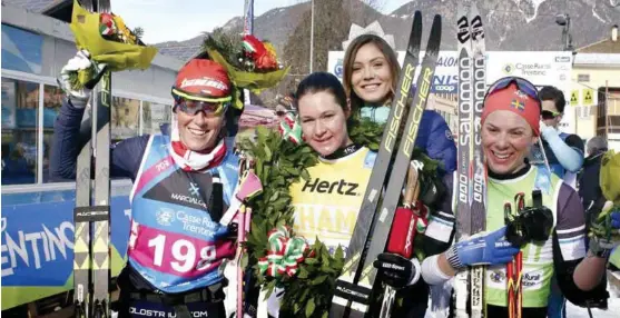  ?? FOTO: MARIO FACCHINI / AP ?? Disse er nødt til å bli flere. Tsjekkias Katerina Smutna (f.v.) og svenskene Britta Johansson-Norgren og seg i langløp.Lina Korsgren er kvinner som har markert