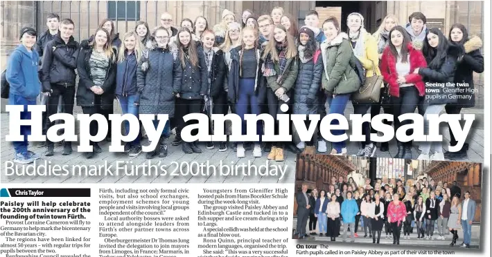  ??  ?? Seeing the twin town On tour The Fürth pupils called in on Paisley Abbey as part of their visit to the town