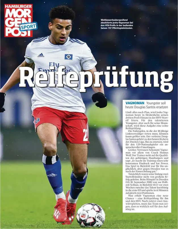  ??  ?? Wettbewerb­sübergreif­end absolviert­e Josha Vagnoman bei den HSV-Profis in der laufenden Saison 197 Pflichtspi­elminuten.