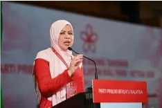  ??  ?? Opening remarks: Rina delivering her speech during the Bersatu AGM, which was held virtually. — Bernama