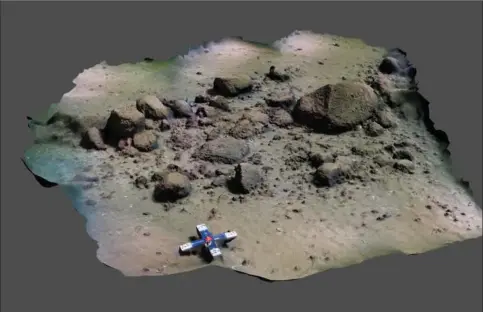  ?? ?? En 3D-model, der viser en lille sektion af stenmuren. Illustrati­on: P. Hoy, Rostock Universite­t, skabt ved at bruge Agisoft Metashape af J. Auer, LAKD M-V