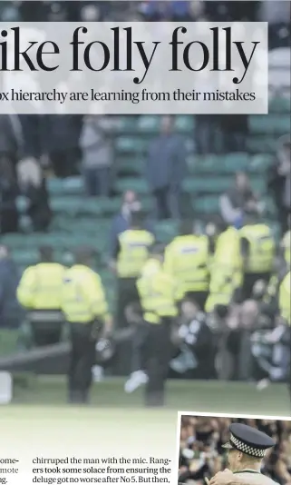  ??  ?? 2 Ross Mccrorie hides his face in despair as he trudges towards the few Rangers supporters still in the ground at full- time. Earlier, they had to look on as Mikael Lustig donned a policeman’s hat during the celebratio­ns for the third goal just before...