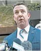  ?? SANDY HUFFAKER/GETTY ?? Rep. Duncan Hunter issues a statement Tuesday after pleading guilty in San Diego.