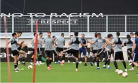  ?? Photograph: Ina Fassbender/AFP/Getty Images ?? Wolves training in Duisburg before the one-off Europa League quarter-final match against Sevilla.