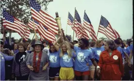  ??  ?? A women’s rights march in 1977 in Houston. From left, Susan B Anthony II, Bella Abzug, Peggy Kokernot, wearing yellow shorts, and Betty Friedan wearing red coat. Photograph: Steve Northup/The Life Images Collection/Getty