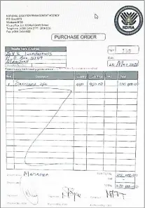  ?? ( Pics: Welcome Dlamini) ?? The invoice shows that the amount charges are ‘ VAT Inclusive’ yet the company is not registered for VAT with the Eswatini Revenue Authority. ( R pic) The purchase order reflecting that no VAT was to be charged on the sanitisers being procured.