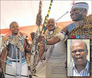  ?? Picture: LULAMILE FENI ?? ENTHRONED: AbaThembu Acting King Prince Azenathi Zanelizwe Dalindyebo celebrates with his family at his coronation at Bumbane Great Place yesterday. INSET: Daludumo Lindikhaya Mtirara